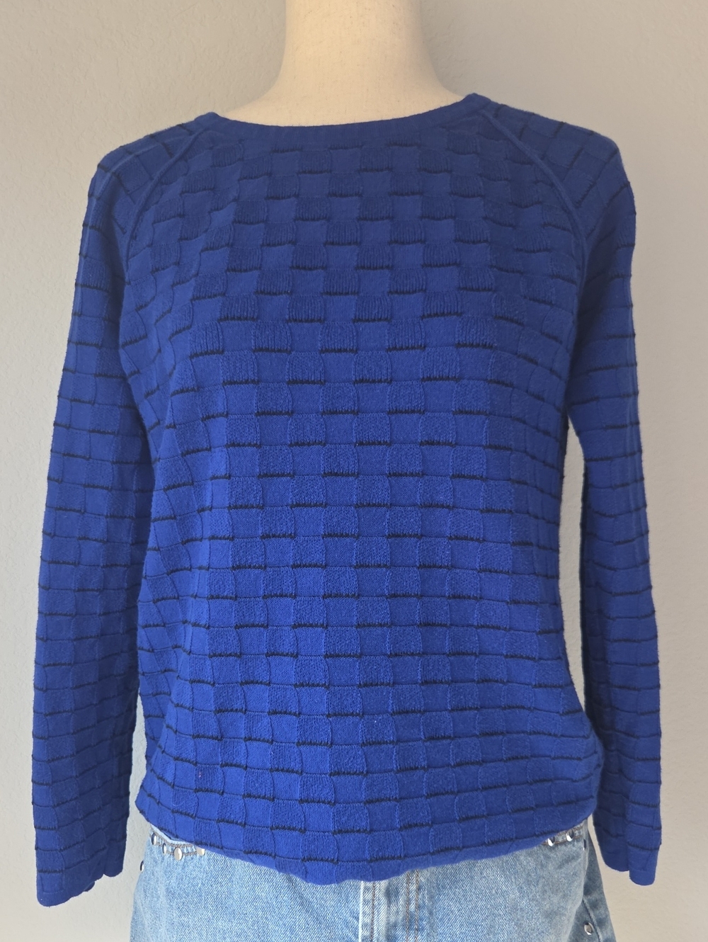 Karen Scott Royal Classic  Blue Textured Crewneck Sweater Square Weave Design